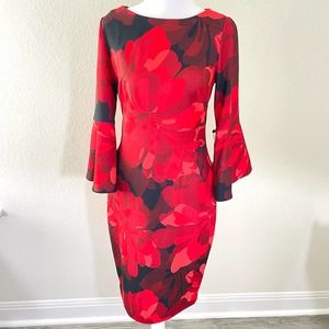 Calvin Klein Women's Red Black Floral Bell Sleeves Sheath Dress Size 4